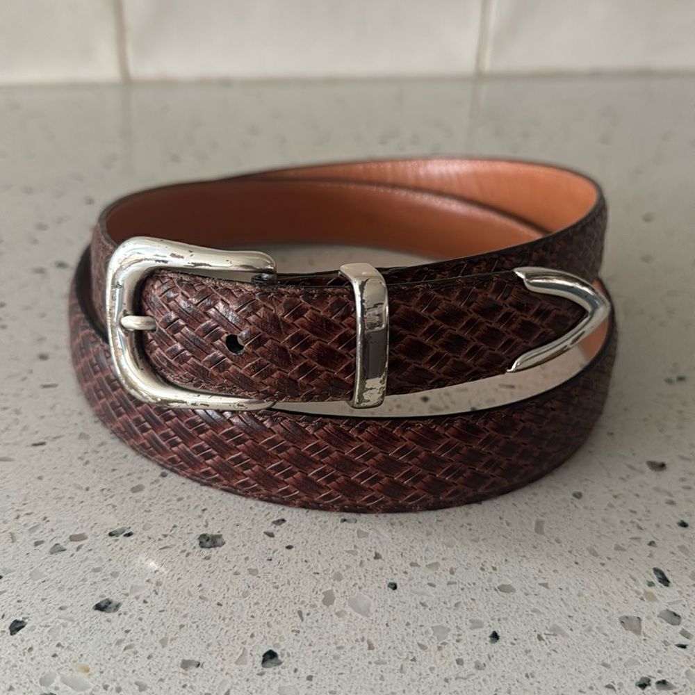 Allen Edmonds Men's Size 44 Brown/Tan Classic Genuine Leather Belt Made In USA